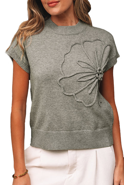 Stacey B's High Flower Pattern Ribbed Trim Short Sleeve Boxy Sweater