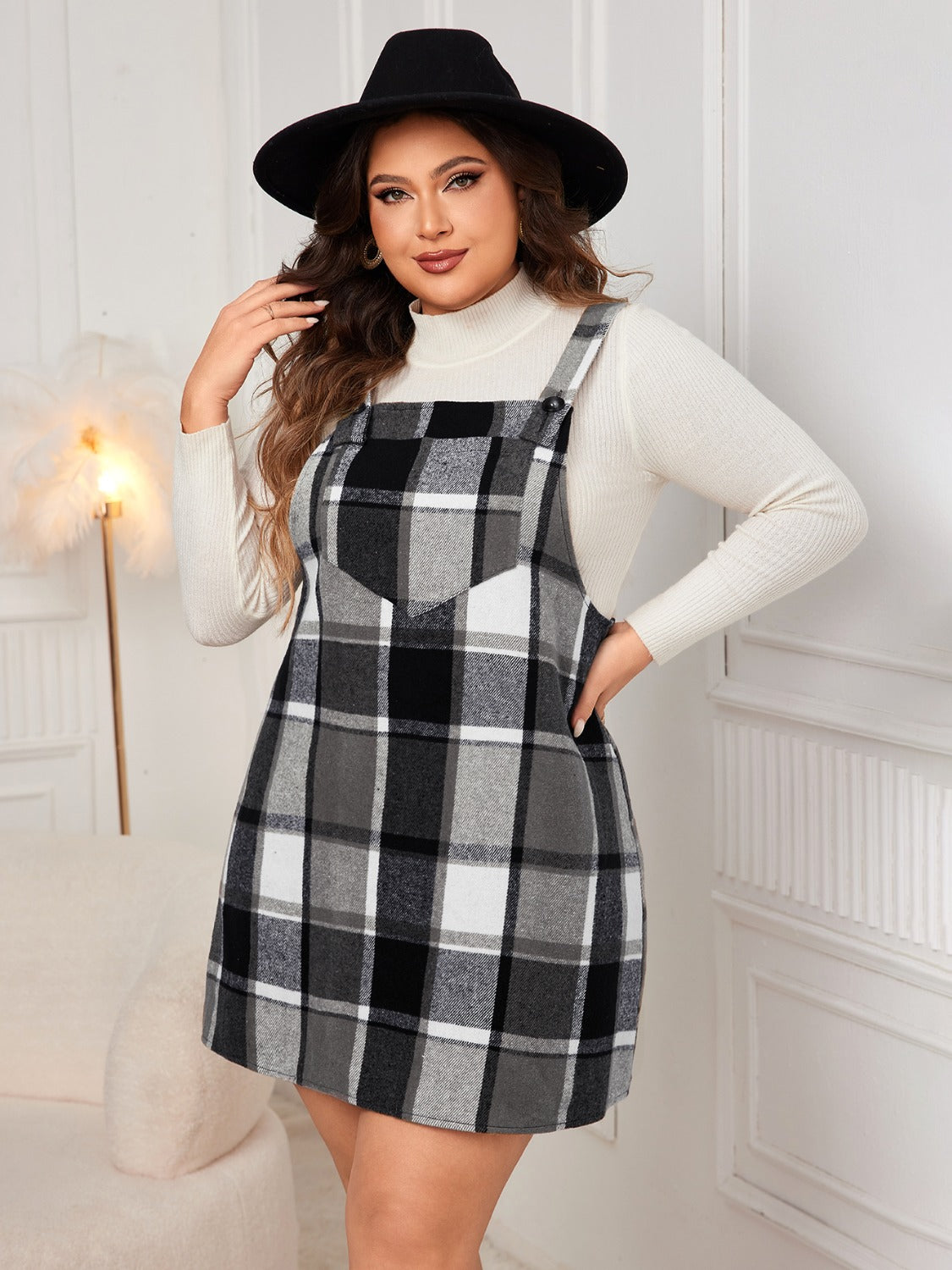 Stacey B's Plus Size Plaid Wide Strap Overall Dress