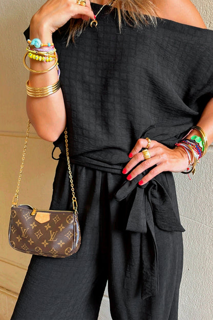 Stacey B's Black Checkered Mesh One Shoulder Short Sleeve Knotted Waist Jumpsuit