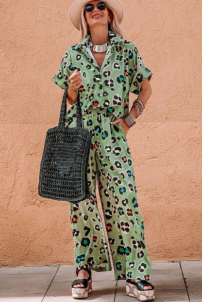 Stacey B's Green Leopard Print Short Sleeve Shirt and Wide Leg Pants Set