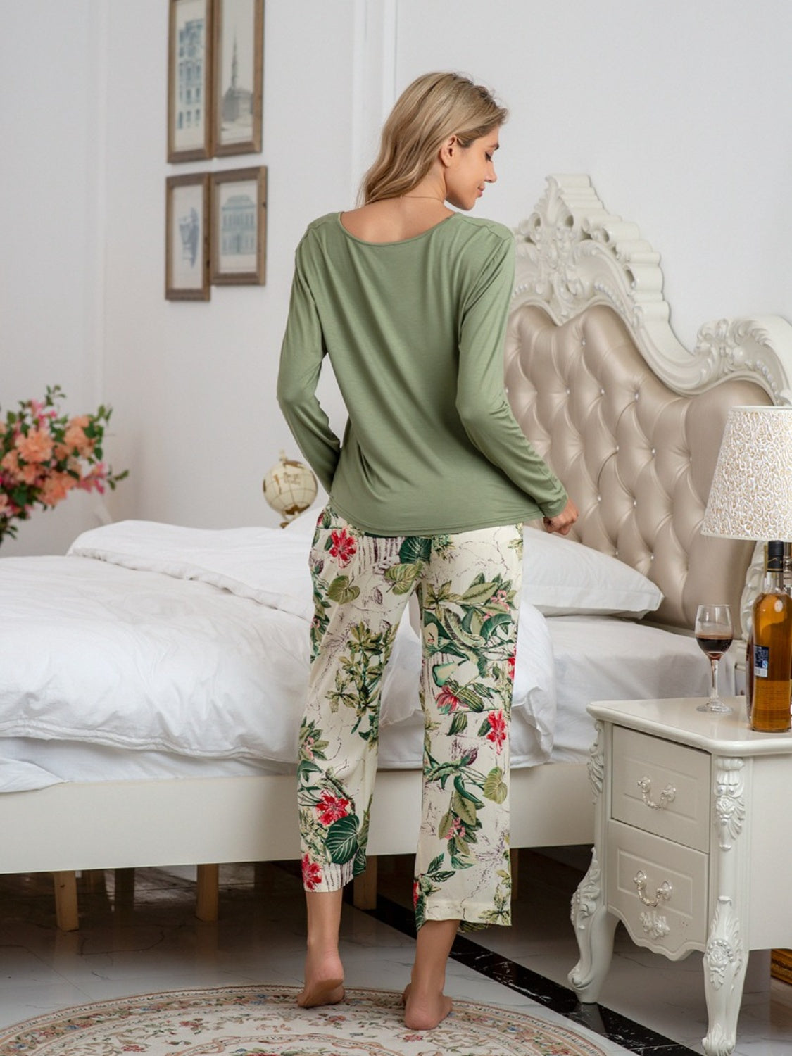 Stacey B's Round Neck Top and Printed Pants Lounge Set