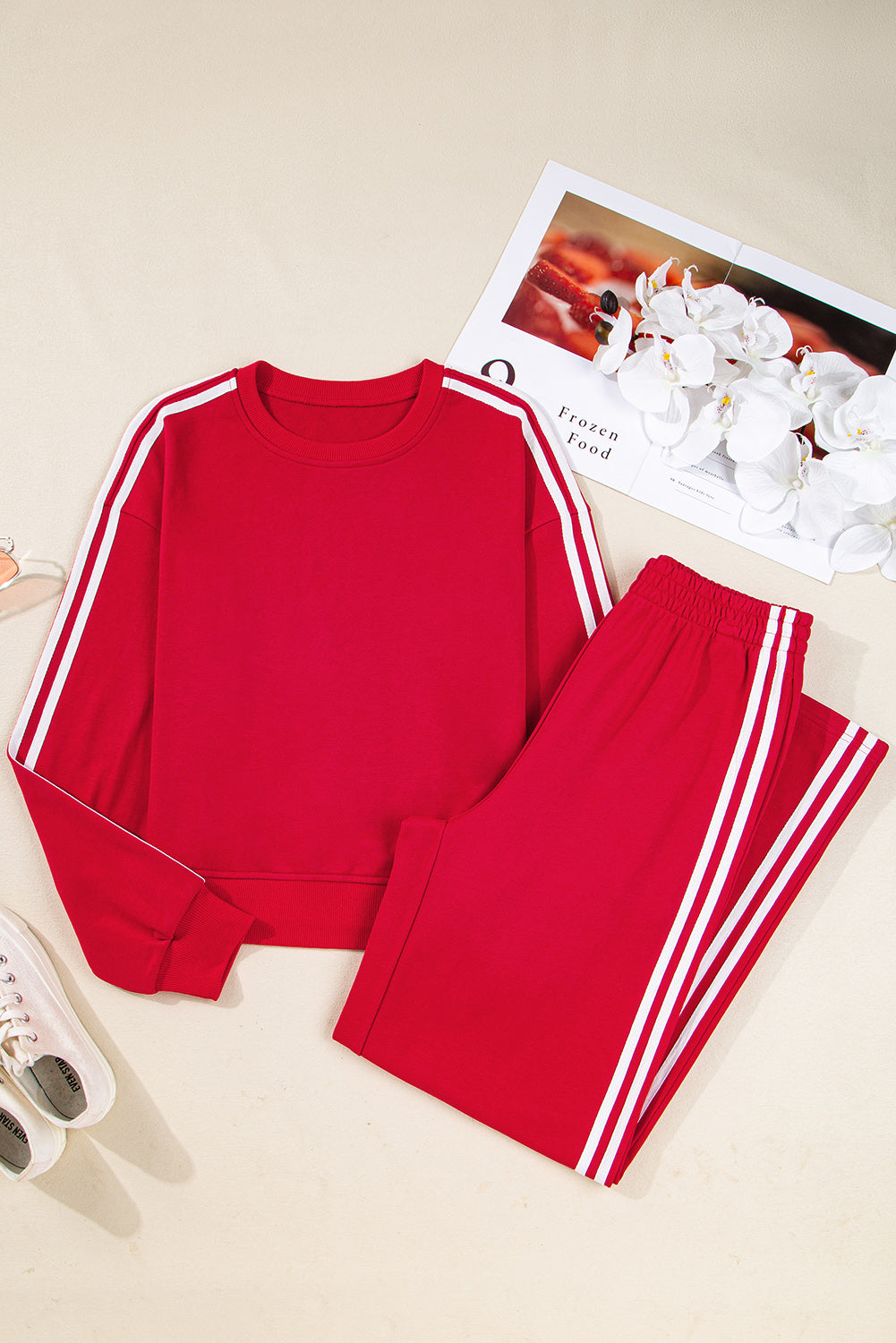 Stacey B's Fiery Red Varsity Striped Detail Cropped Pullover Wide Leg Pants 2pcs Outfit