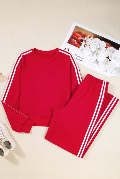 Stacey B's Fiery Red Varsity Striped Detail Cropped Pullover Wide Leg Pants 2pcs Outfit