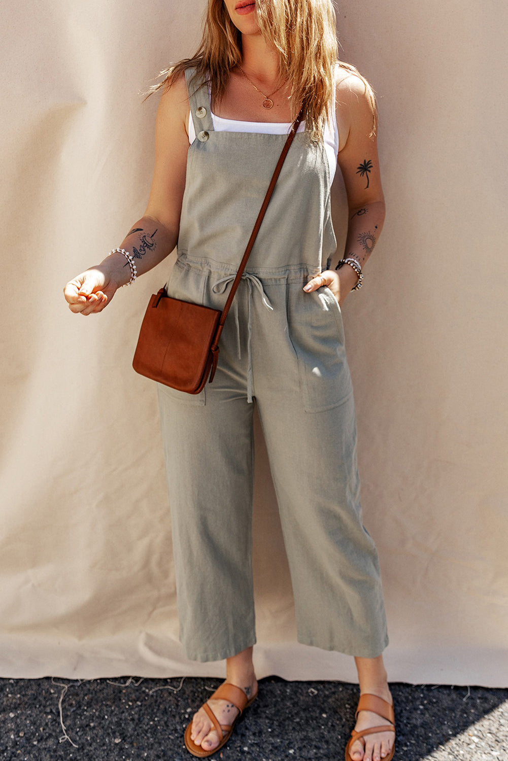 Stacey B's Sage Green Buttoned Straps Drawstring Cropped Overalls