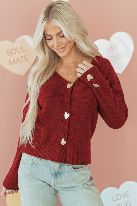 Stacey B's Fiery Red Heart Metal Button V Neck Cardigan Sweater