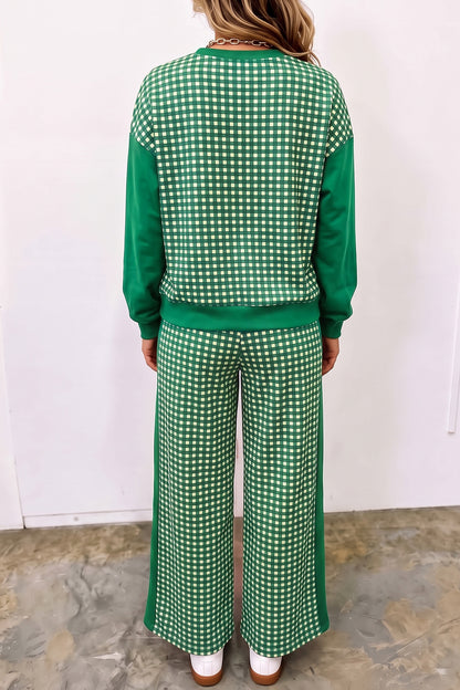 Stacey B's Brown Color Block Plaid Patchwork Long Sleeve Pullover Wide Leg Pant Set