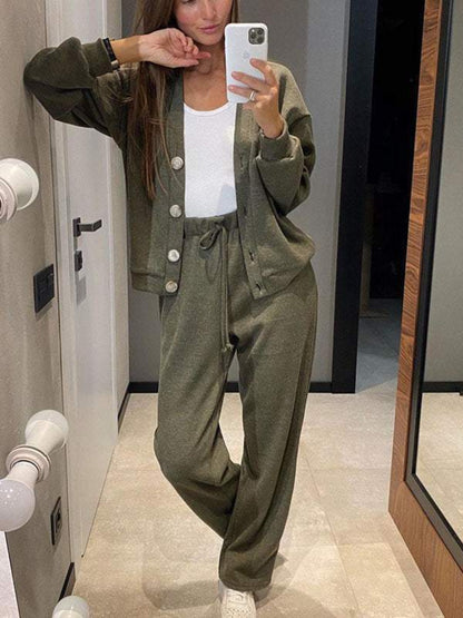 Stacey B's Full Size Button Up Long Sleeve Top and Pants Set