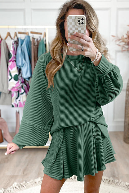 Stacey B's Jet Stream Corded Lantern Sleeve Pullover and Ruffle Mini Skirt Set