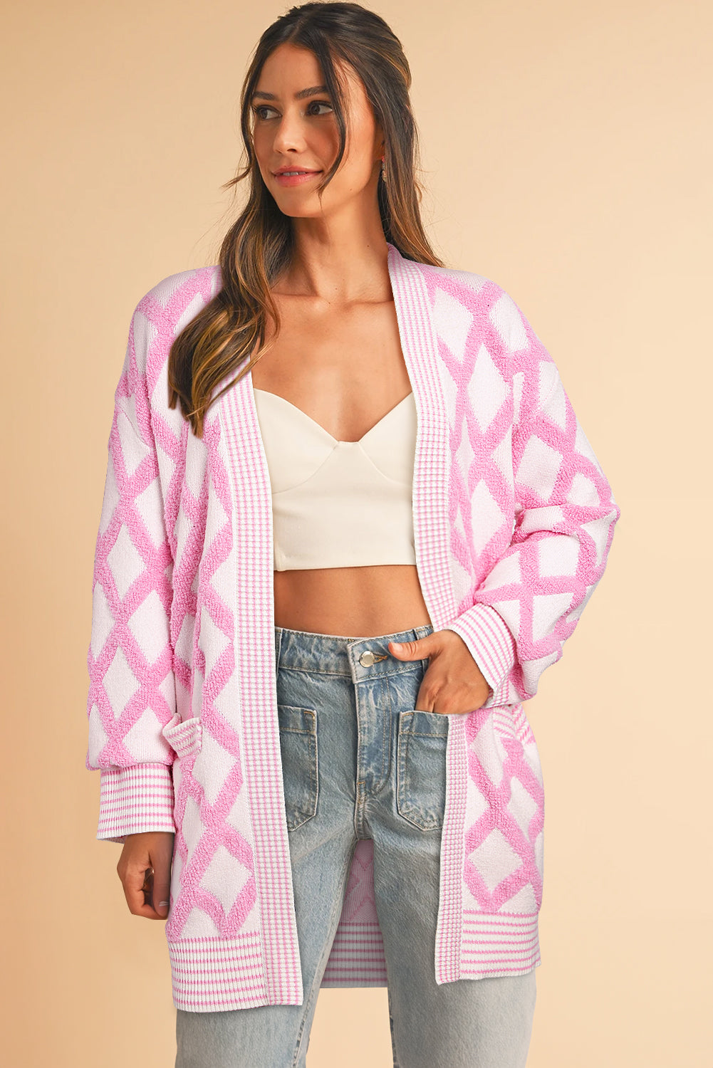 Stacey B's Pink Rhombus Pattern Knit Open Front Pocketed Cardigans