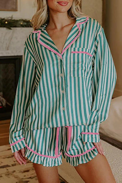 Stacey B's Green Stripe Contrast Ricrac Trim Long Sleeve Shirt Drawstring Ruffled Pajama Short Set