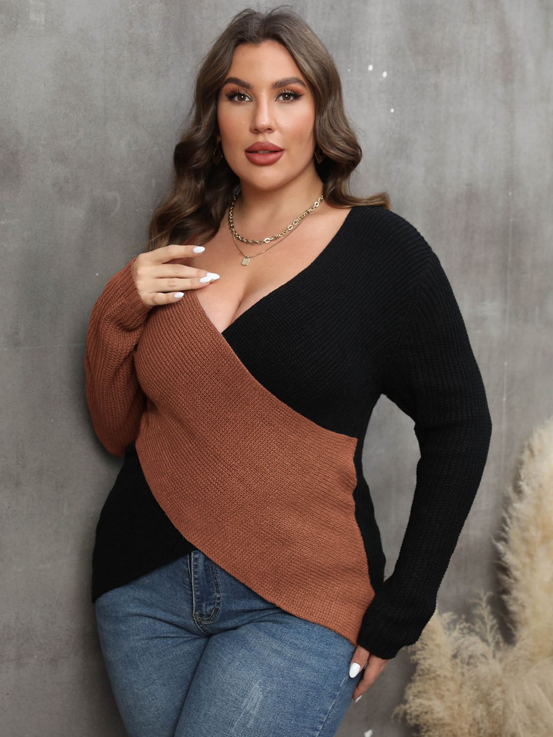 Stacey B's Plus Size Two-Tone Surplice Neck Sweater