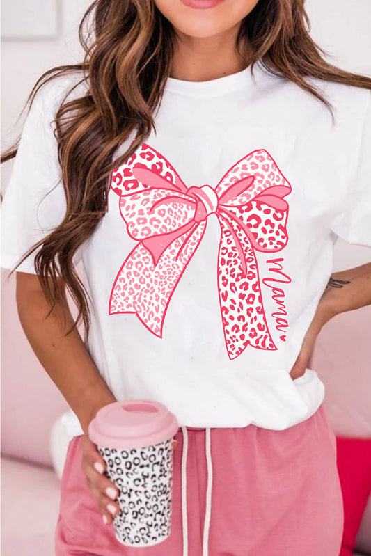 Stacey B's White Leopard Bowknot Graphic Crew Neck Tee