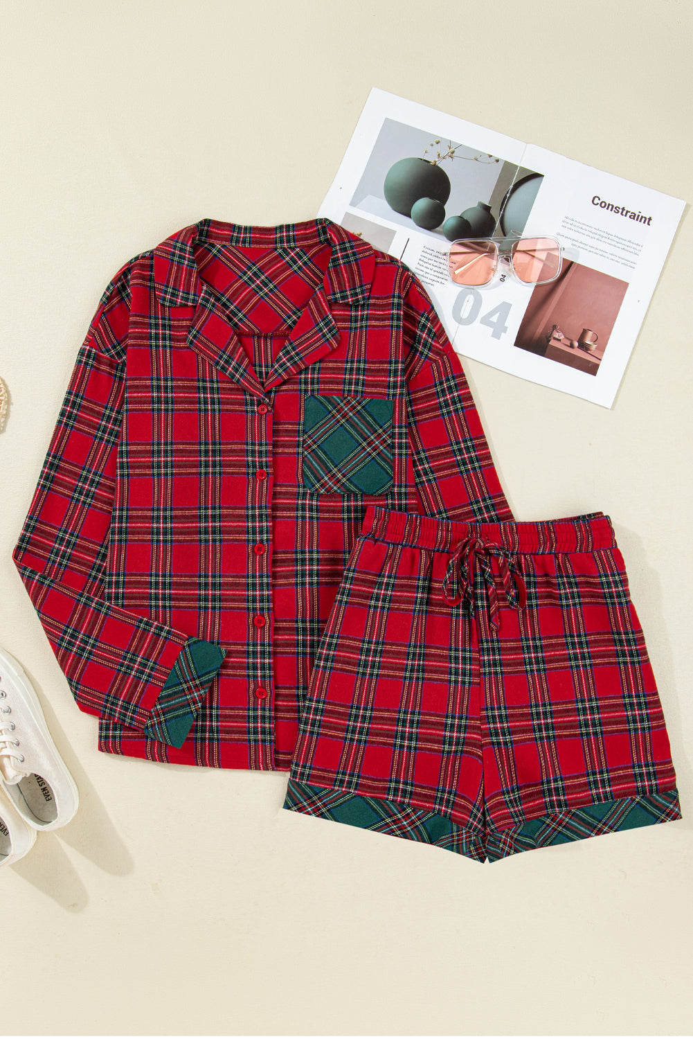 Stacey B's Red Plaid Contrast Color Christmas Holiday Long Sleeve Shirt and Shorts Pajama Set