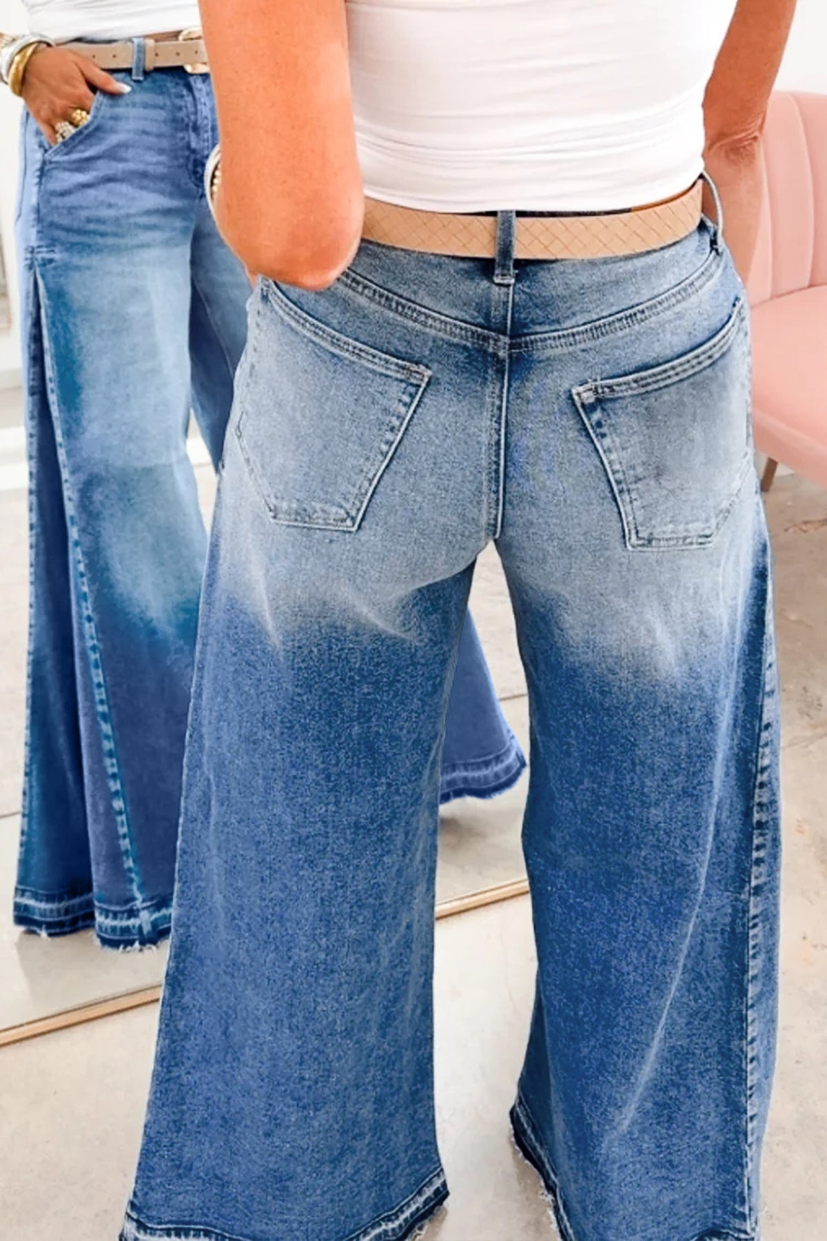Stacey B's Myosotis Side Seam Gathering Flare Leg Jeans Casual Daily Full-length Denim Pants