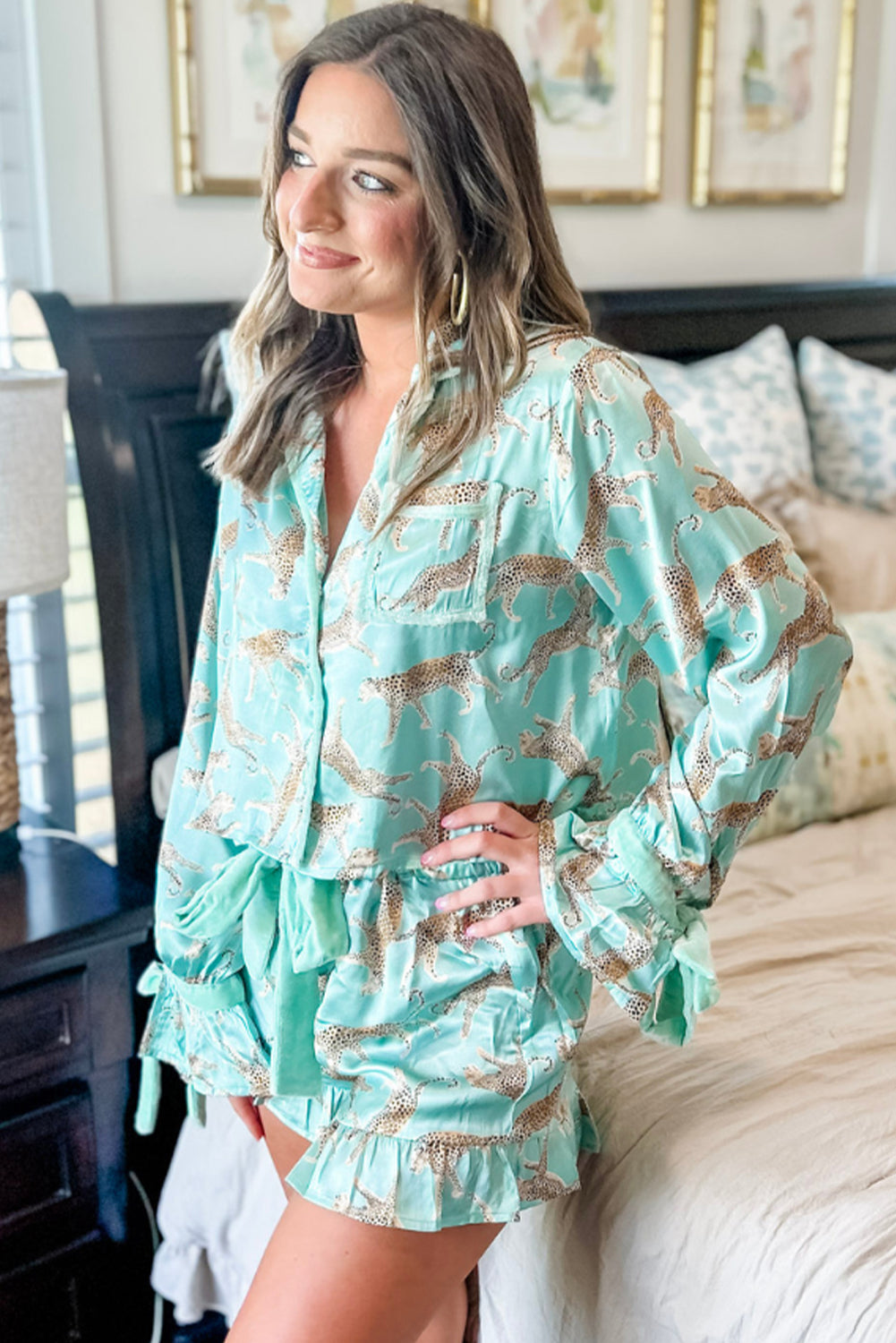 Stacey B's Green Leopard Satin Ruffle Pajama Short Set