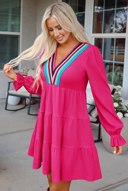 Stacey B's Rose Red Colorful Crochet V Neck Textured Tiered Ruffled Long Sleeve Mini Dress