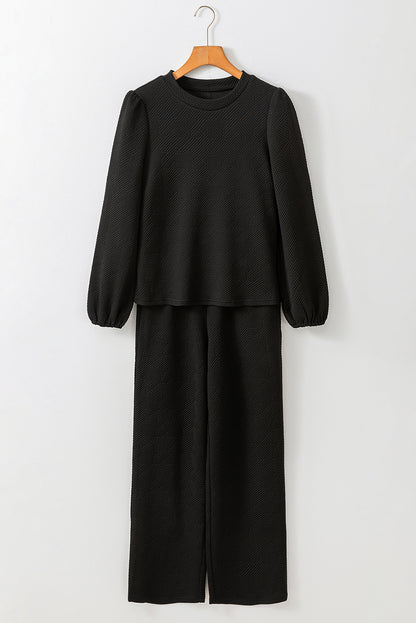 Stacey B's Black Textured Puff Sleeve Top and Pants Set