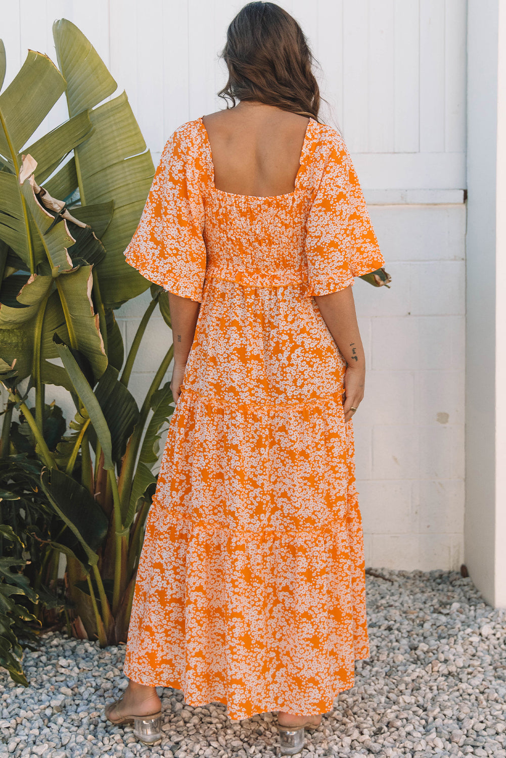 Stacey B's Orange Floral Print Smocked V Neck Wide Sleeve Maxi Dress