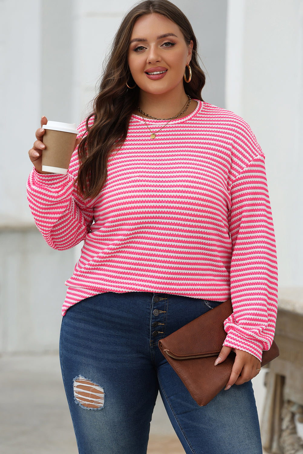 Stacey  B's Rose Stripe Round Neck Drop Shoulder Long Sleeve Top