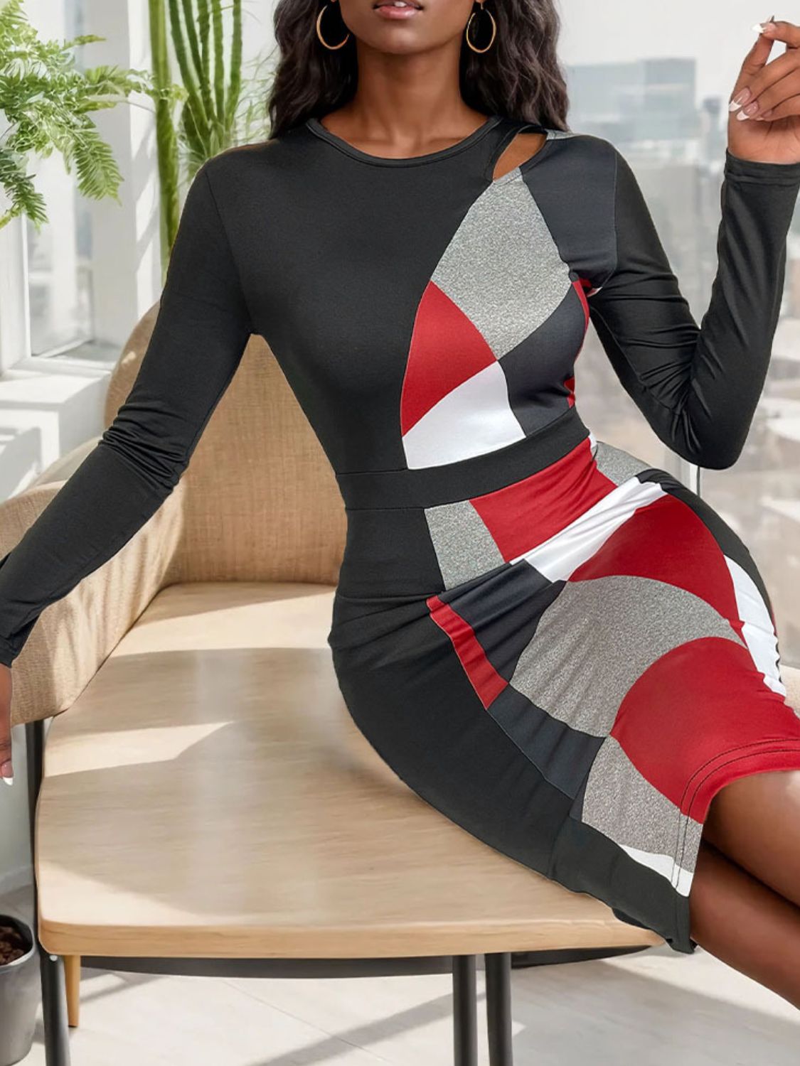 Stacey B's Cutout Color Block Round Neck Long Sleeve Dress