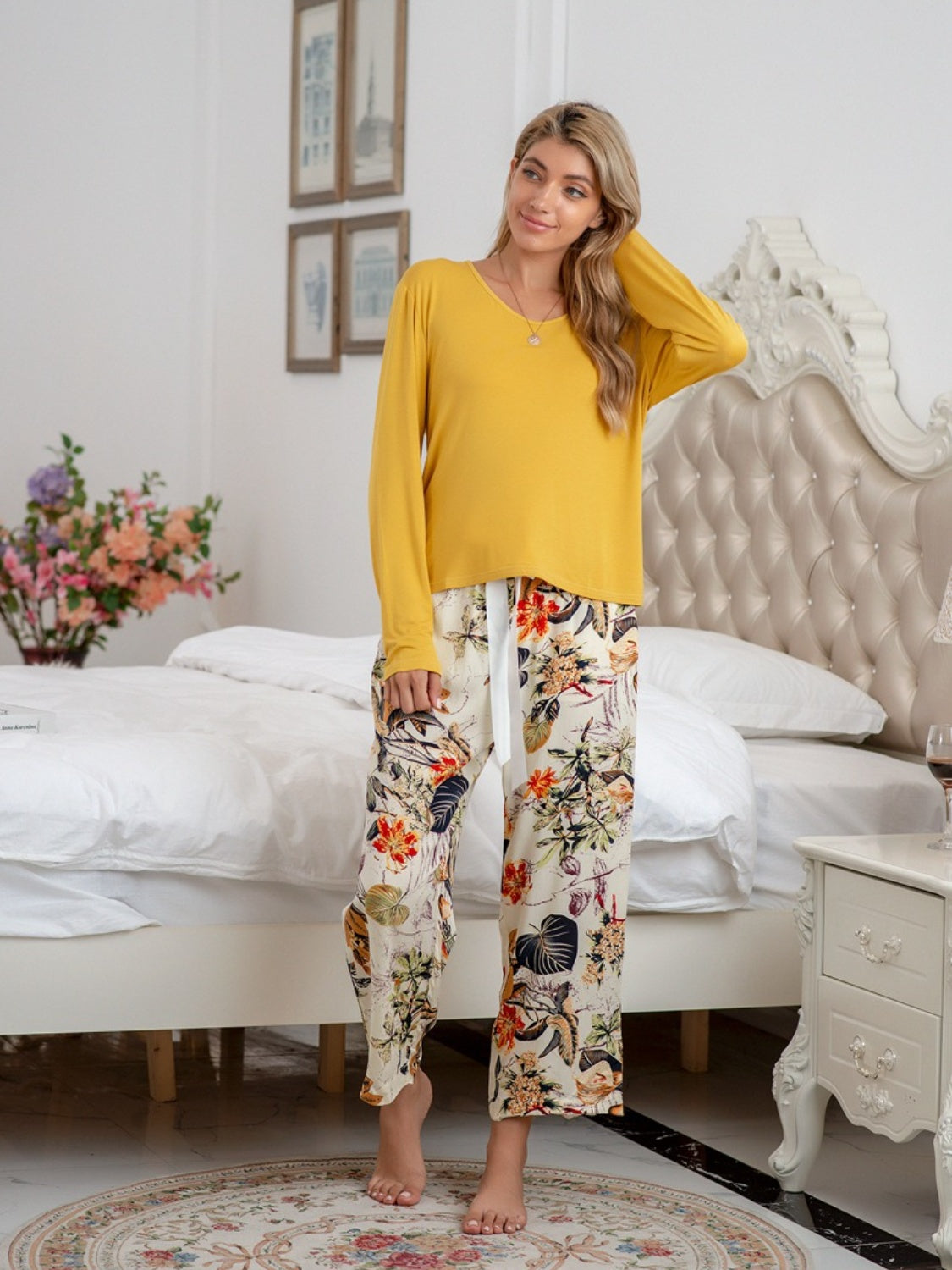 Stacey B's Round Neck Top and Printed Pants Lounge Set