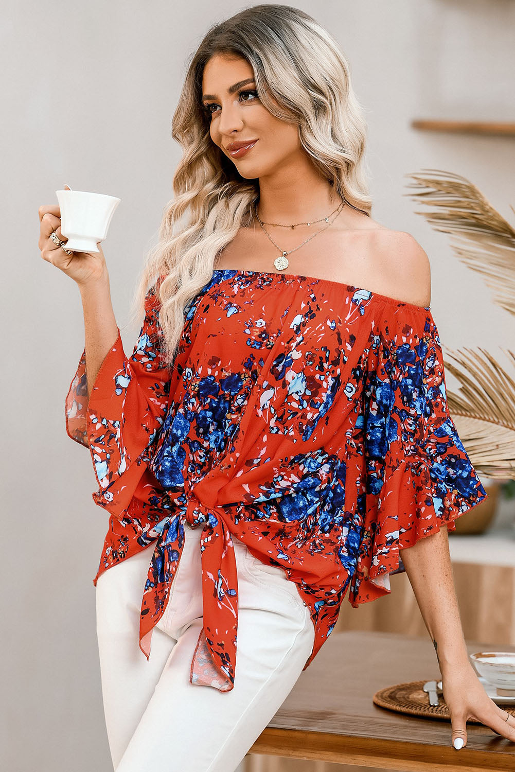 Stacey B's Tied Printed Off-Shoulder Half Sleeve Blouse