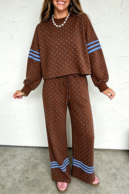 Stacey  B's Brown Polka Dot Print Colorblock Stripes Detail Relaxed 2pcs Pant Set