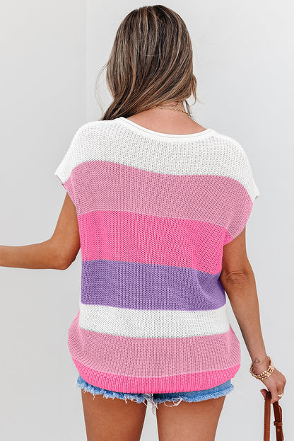 Stacey B's Pink Color Block Notch V Neck Sweater T Shirt