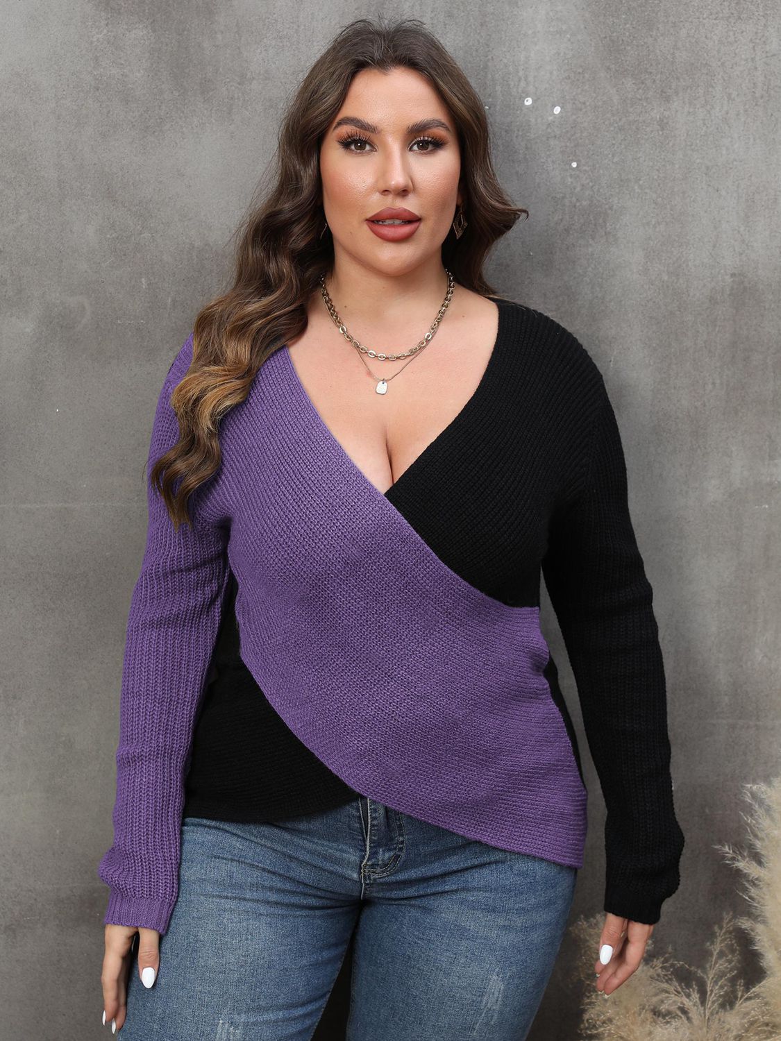 Stacey B's Plus Size Two-Tone Surplice Neck Sweater