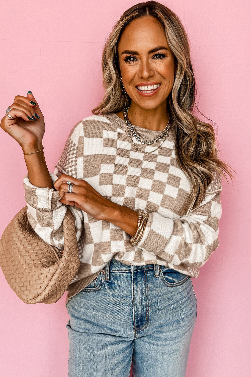 Stacey B's Khaki Checkered Print Drop Shoulder Round Neck Sweater