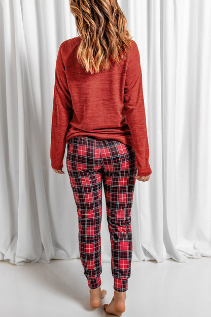 Stacey B's Round Neck Top and Drawstring Plaid Pants Lounge Set
