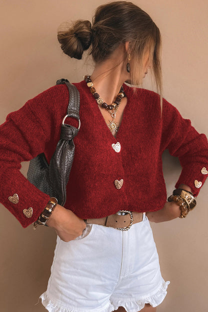 Stacey B's Fiery Red Heart Metal Button V Neck Cardigan Sweater