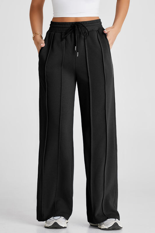 Stacey B's Black Seamed Drawstring High Waist Wide Leg Sweatpants