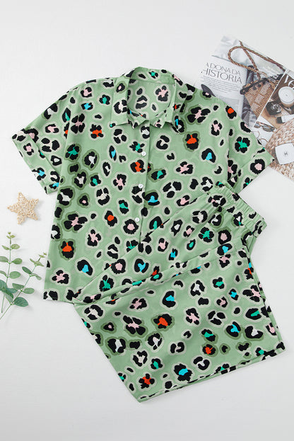 Stacey B's Green Leopard Print Short Sleeve Shirt and Wide Leg Pants Set