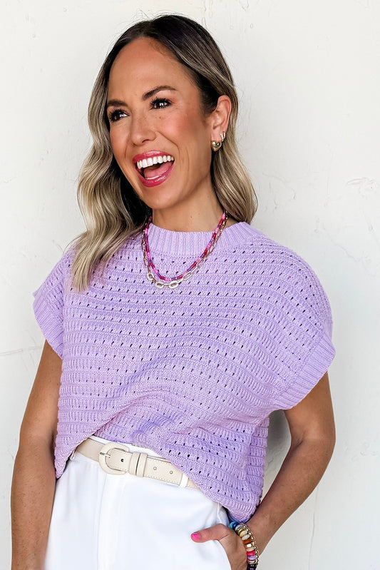 Stacey B's Lavendula Pointelle knit Ribbed Trim Short Sleeve Sweater