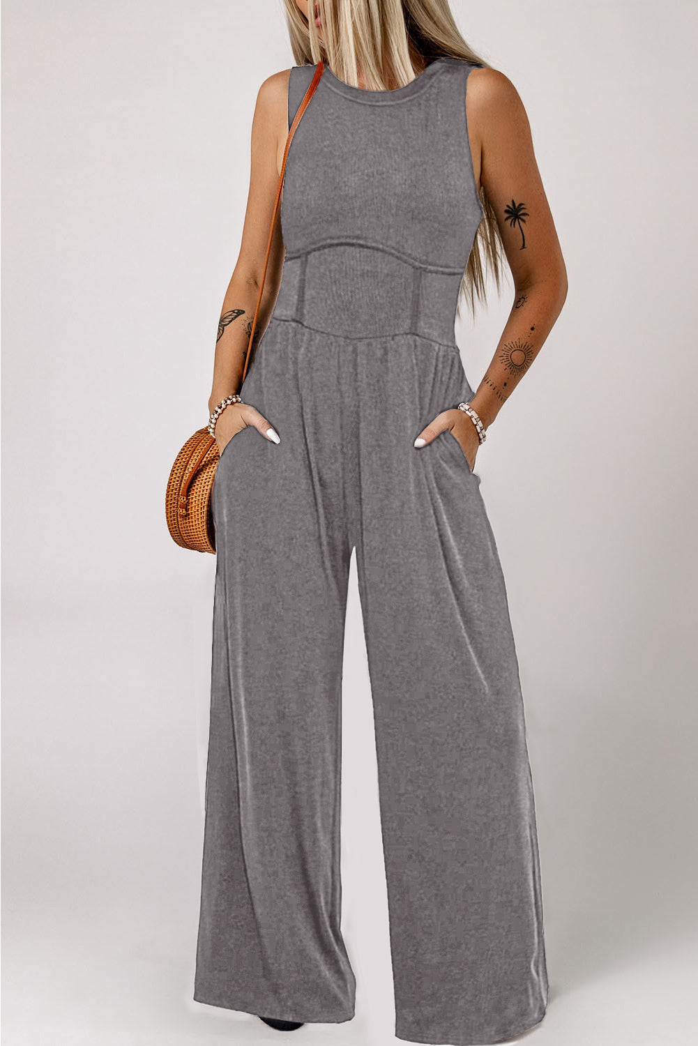 Stacey B's Blackish Green Sleeveless High Waist Wide Leg Jumpsuit