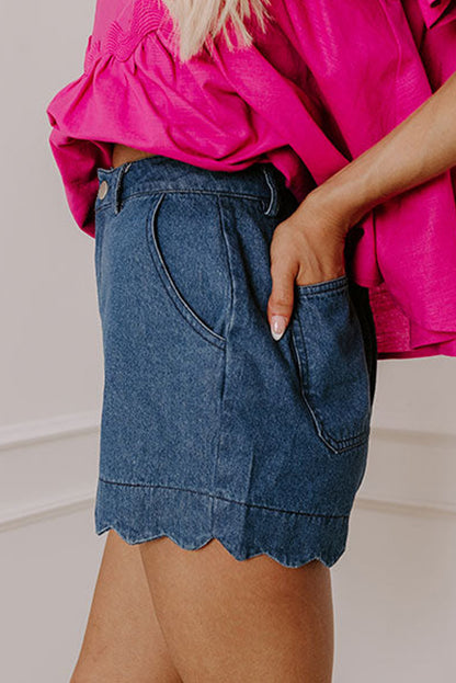 Stacey B's Sail Blue Scalloped Hemline Acid Wash High Waist Denim Shorts