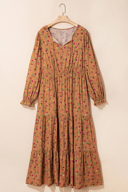 Stacey B's Brown Plus Size Floral Split V Neck Ruffled Sleeve Tiered Maxi Dress