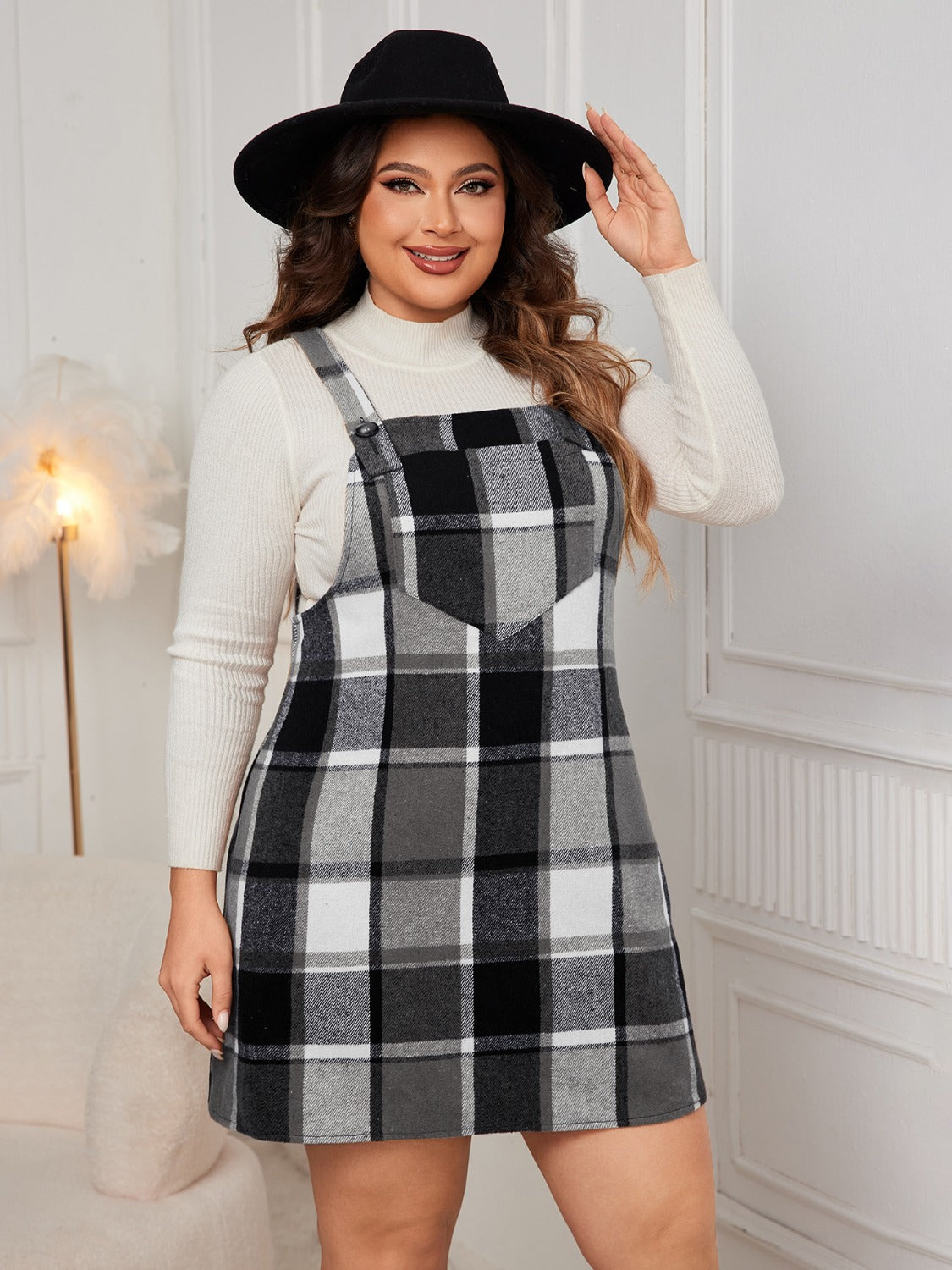 Stacey B's Plus Size Plaid Wide Strap Overall Dress