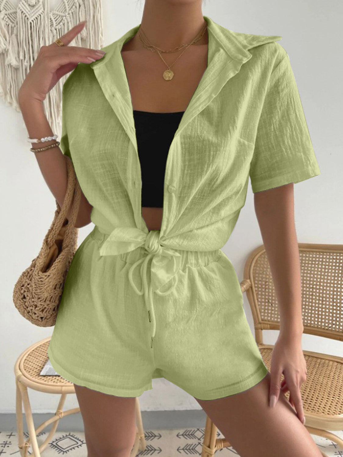 Stacey B's Button Up Short Sleeve Shirt and Drawstring Shorts Set