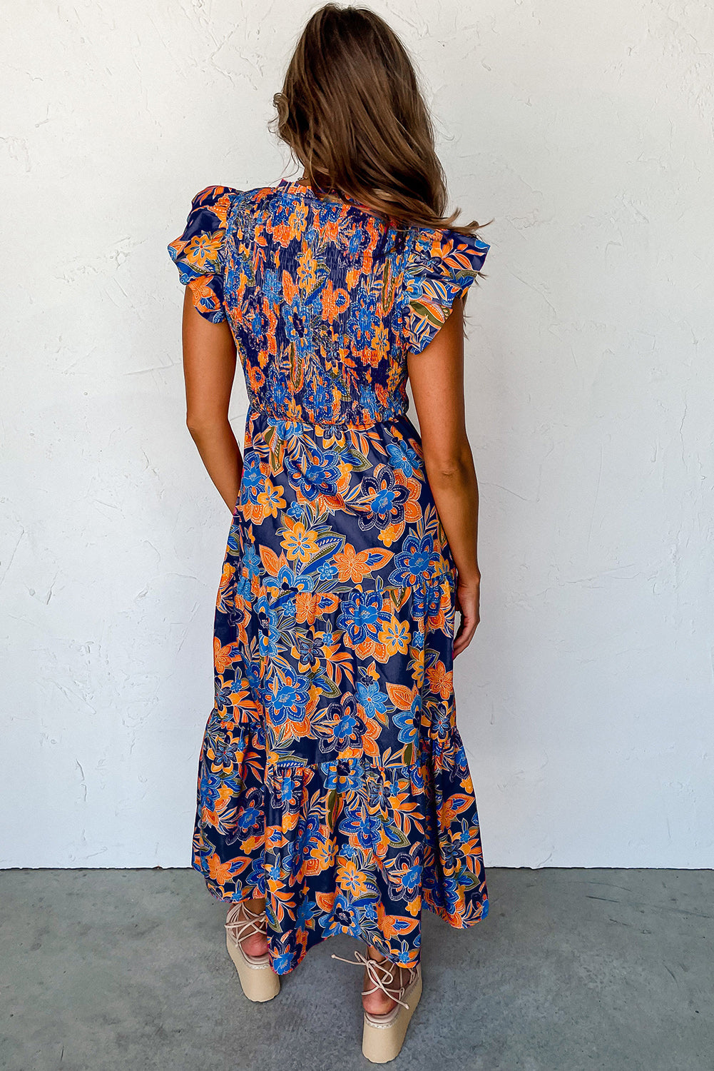 Stacey B's Dark Blue Boho Floral V Neck Ruffle Tiered Long Dress