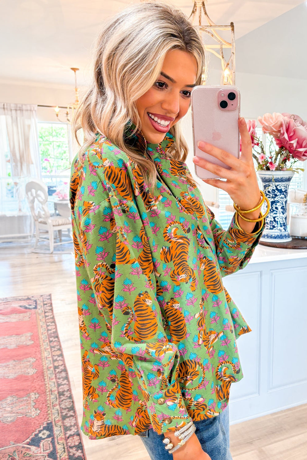 Stacey B's Green Tiger Floral Printed Collared V Neck Casual Shirt