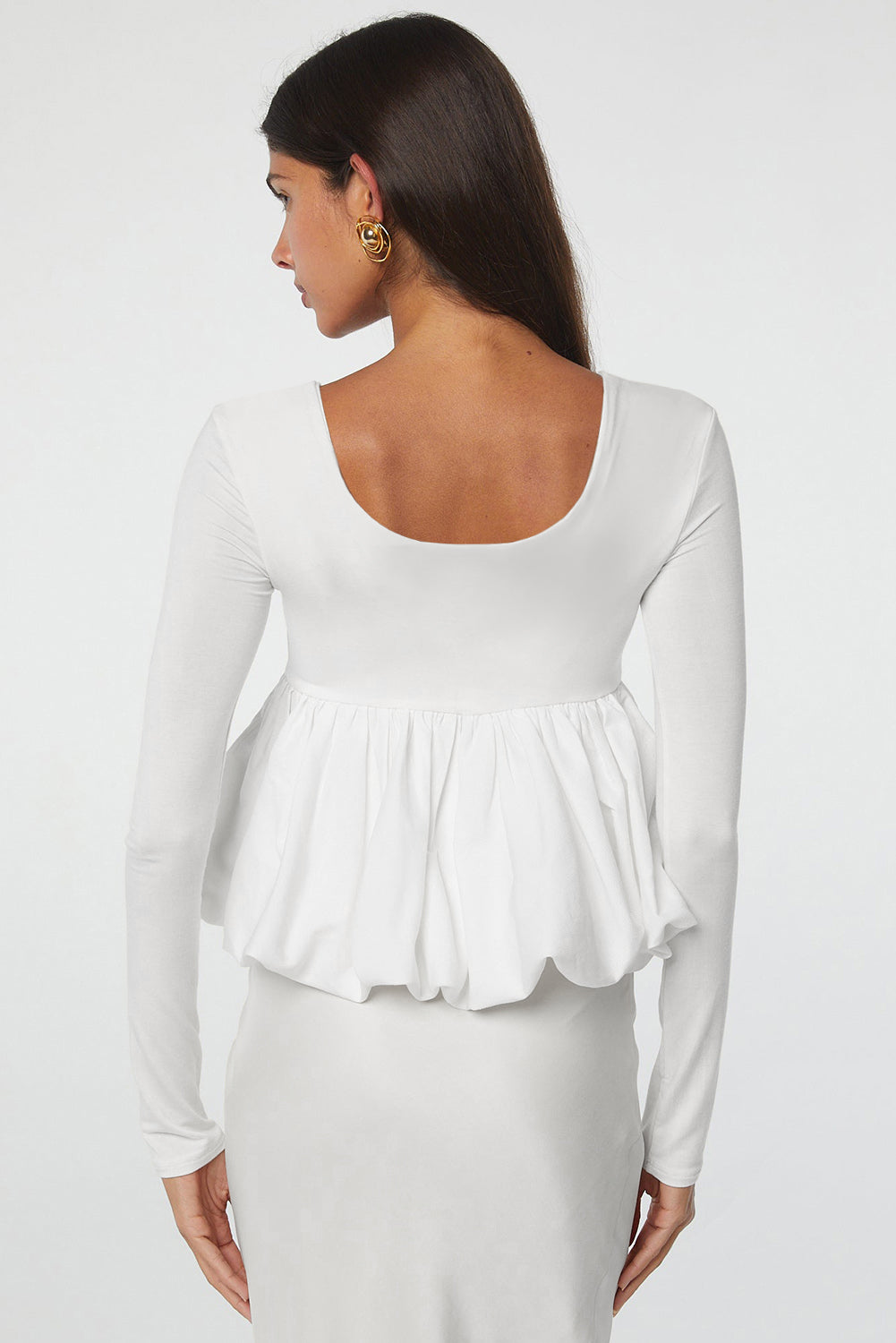 Stacey B's White U Neck Long Sleeve Bubble Hem Top