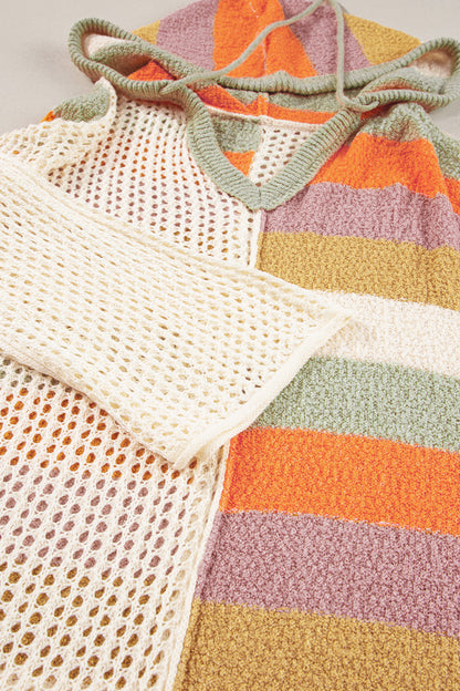 Stacey B's Beige Oversized Colorblock V Neck Hooded Sweater