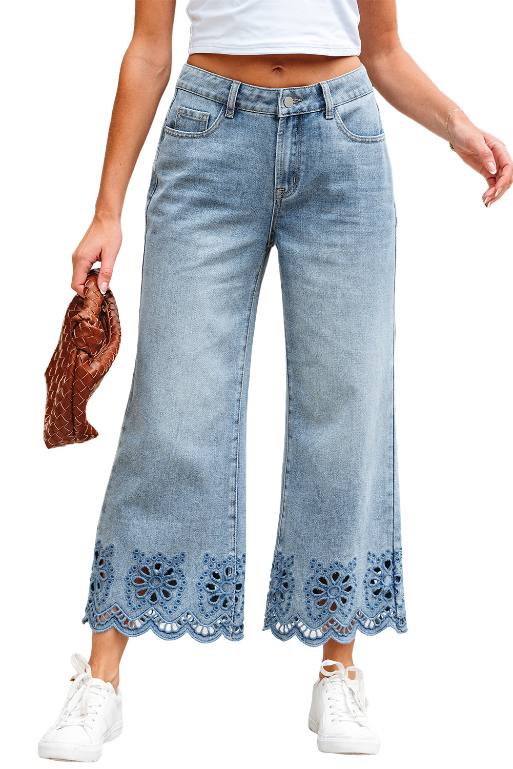 Stacey B's Dusk Blue Embroidered Cropped Wide Leg High Waist Jeans