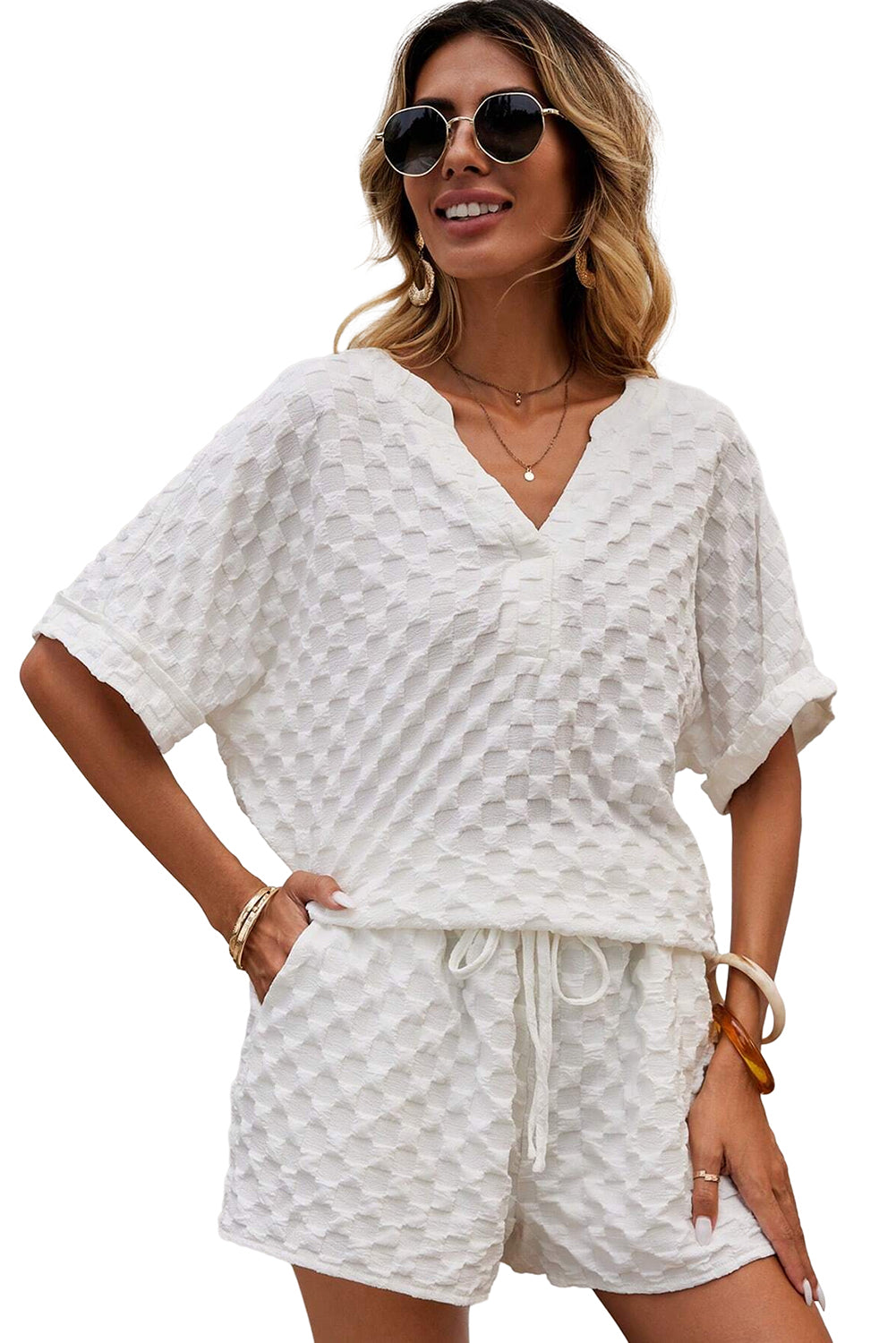 Stacey B's White Textured Split Neck Top and Drawstring Shorts Set