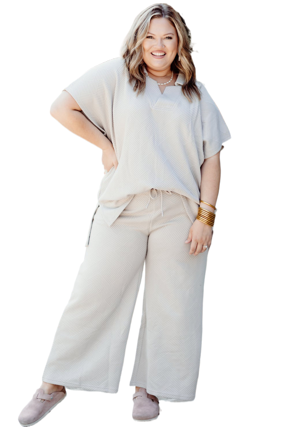 Stacey B's Beige Plus Size Textured Collared Top and Drawstring Pants Set