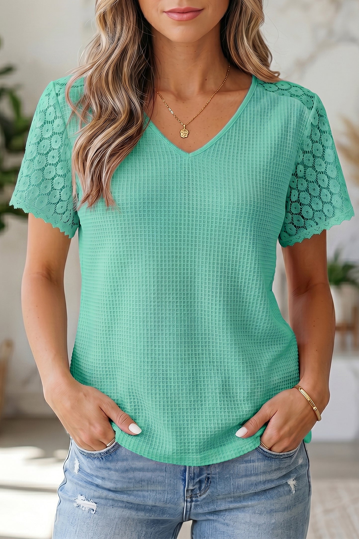 Stacey B's Pink Lace Splicing Button Cutout V Neck Waffle Knit Blouse