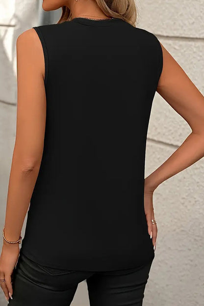 Stacey B's Black Solid Color Crew Neck Pleated Sleeveless Top