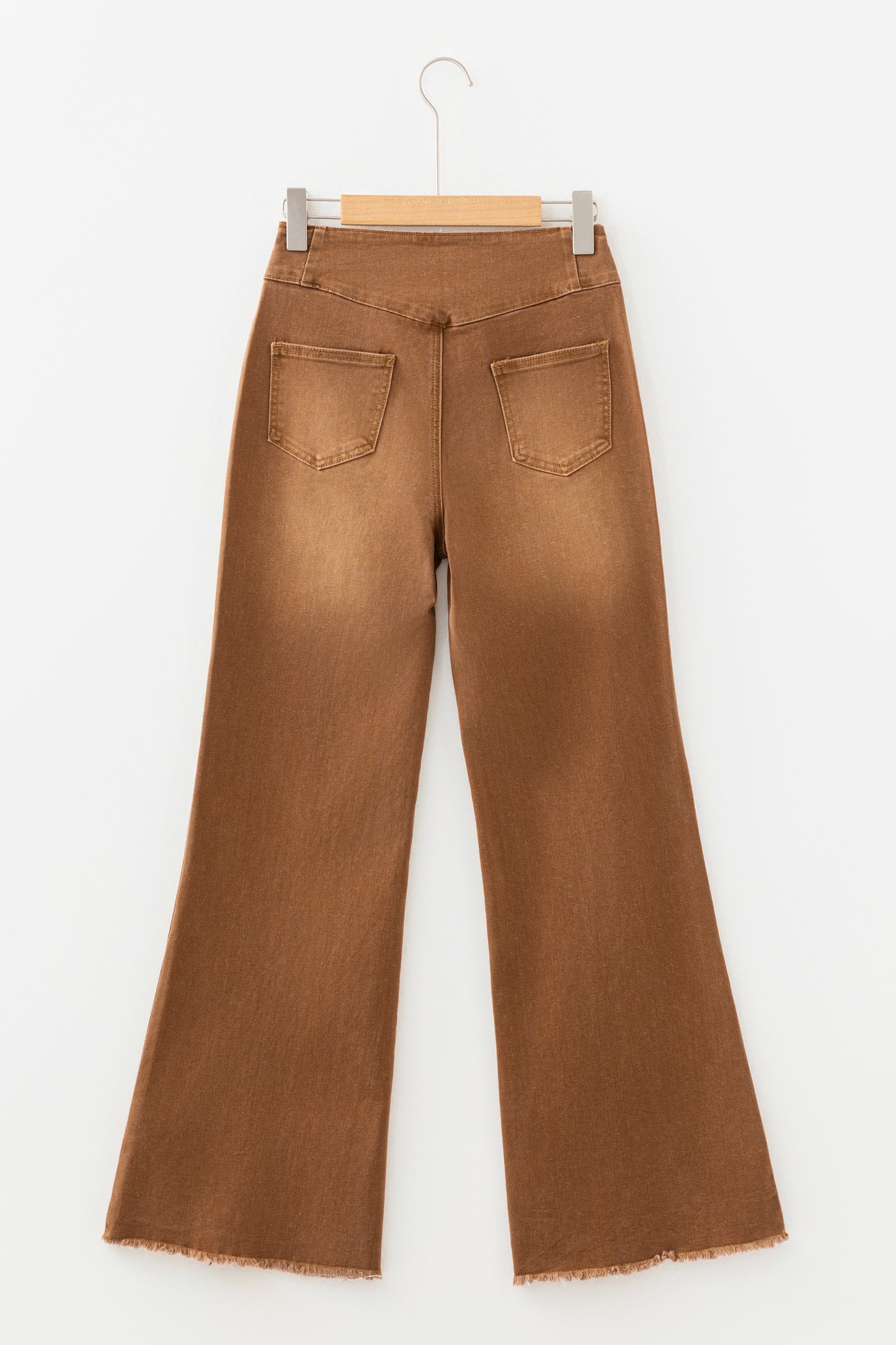 Stacey B's Coffee High Waist Button Fly Seamed Raw Hem Flare Jeans